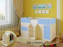Кровать-чердак Малыш-4 Дуб молочный/Голубой в Уяре - uyar.katalogmebeli.com | фото 1