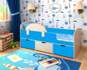 Кровать Малыш-мини с бортиком Дуб молочный/Голубой в Уяре - uyar.katalogmebeli.com | фото