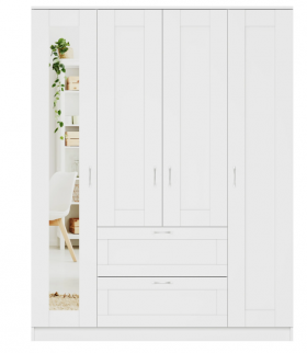 Шкаф четырехдверный Сириус с 1 зеркалом и 2 ящиками белый в Уяре - uyar.katalogmebeli.com | фото 1