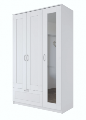 Шкаф трехдверный Сириус с зеркалом и 1 ящиком белый в Уяре - uyar.katalogmebeli.com | фото